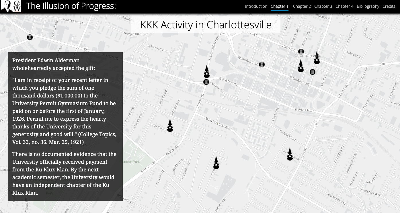 Screenshot showing the website of Illusion of Progress: Charlottesville's Roots in White Supremacy