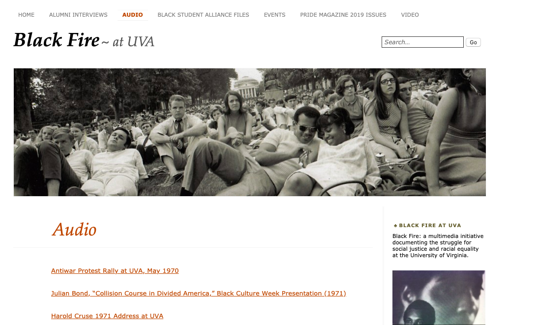 Screenshot showing the Black Fire at UVA website