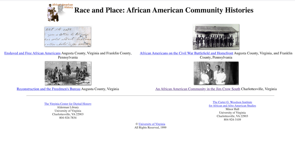 Screenshot showing the website of Race and Place: African American Community Histories