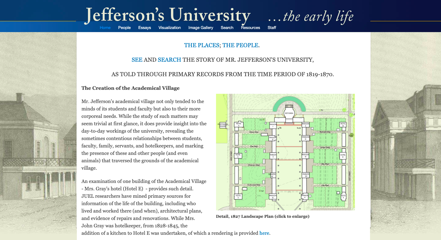 Screenshot showing the website of Jefferson's University-Early Life Project, 1819-1870