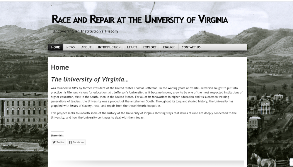 Screenshot showing the website of Race and Repair at the University of Virginia